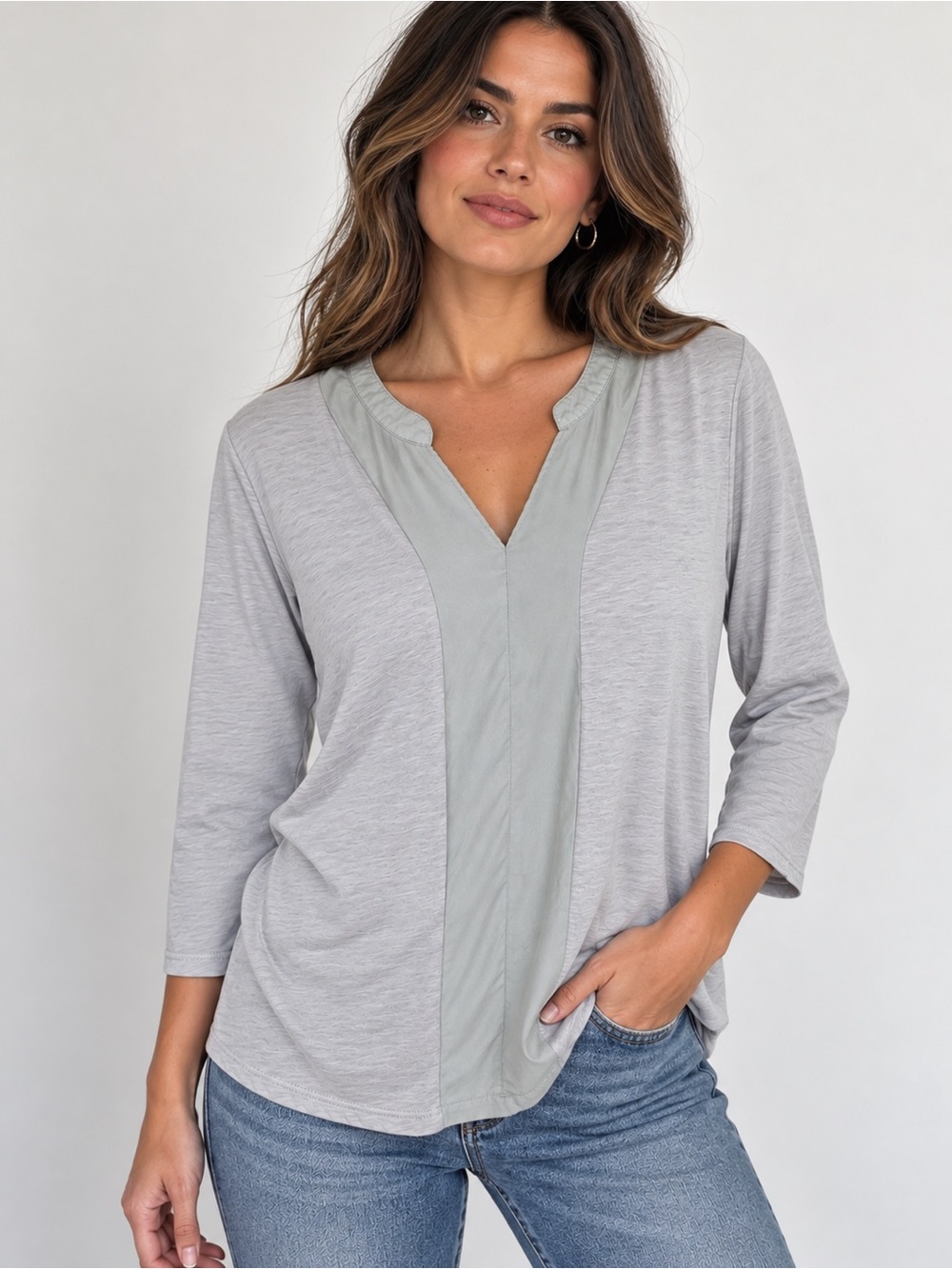Garnet Hill Organic Cotton Gray Top V Neck 3/4 Sleeve Coastal Grandma Casual S